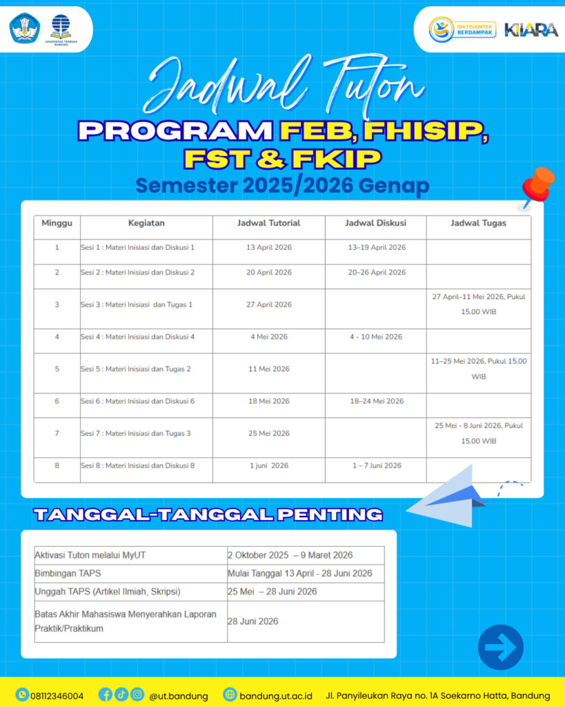 Jadwal Tutaon FEB, FHISIP, FST, FKIP Universitas Terbuka